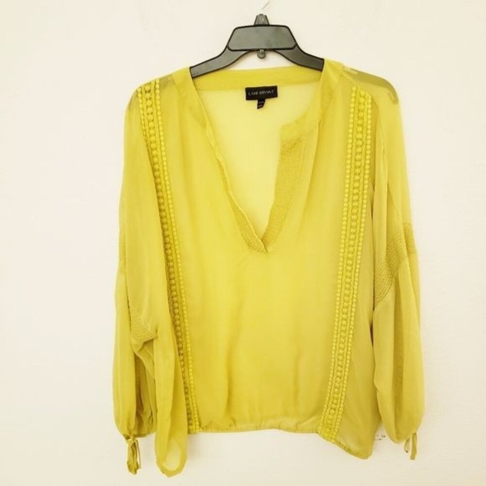 Lane Bryant Light and Airy Sheer Yellow Balloon Sleeve Embelished Top 22/24 EUC